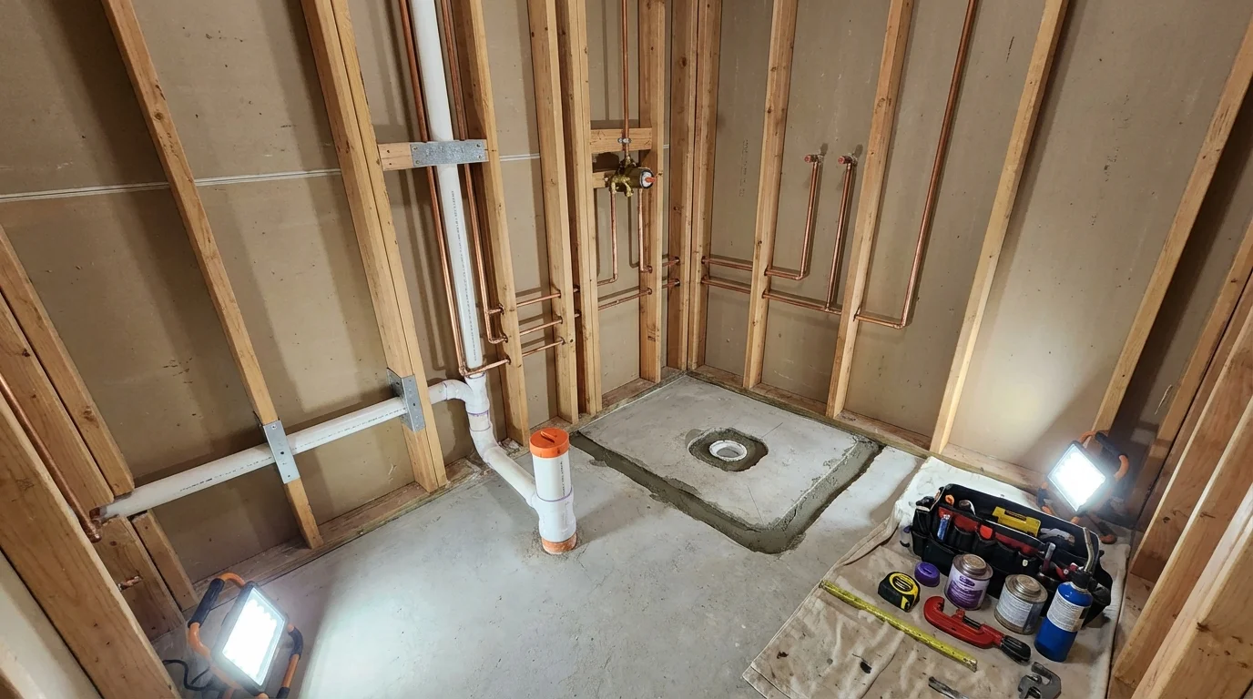 Bathroom rough-in plumbing during remodel by Johns Plumbing LLC in Freeport