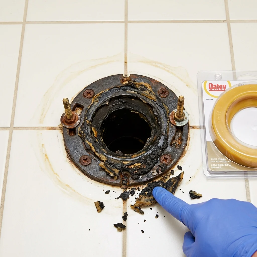 Failed wax ring showing water seepage at the base of a toilet in a Freeport, ME home
