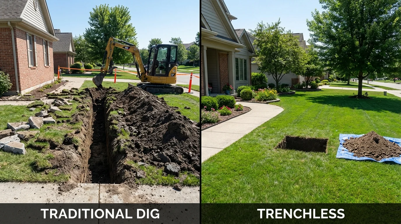 Trenchless sewer repair with minimal yard damage versus traditional excavation in Freeport, ME